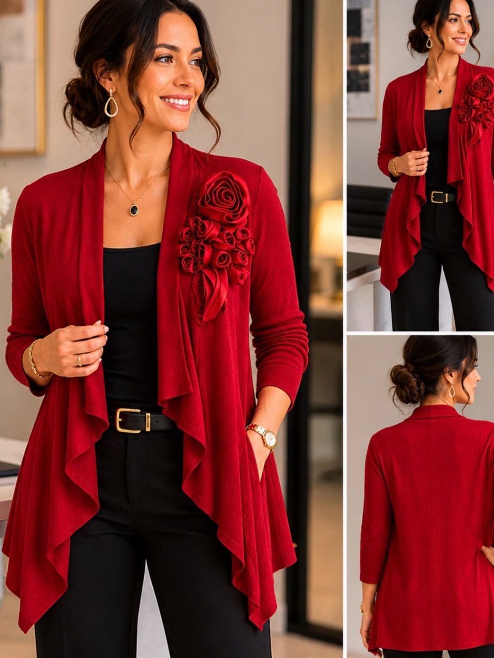 DKNYC Red Rosette Open Front Cardigan Sweater L/XL